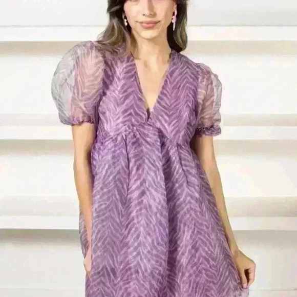 Enless Rose size Small. ZEBRA PRINT PUFF SLEEVE BABYDOLL DRESS IN PURPLE - Picture 1 of 7